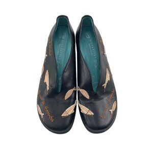 Hispanitas Black Leather Fish Embroidered Flats Size 35‎ Made In Spain